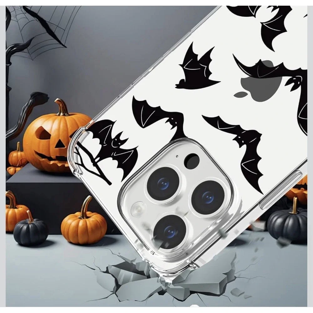 D0048-Halloween Bat Clear Phone Case Shockproof Bumper for iPhone 14 15 Pro Max